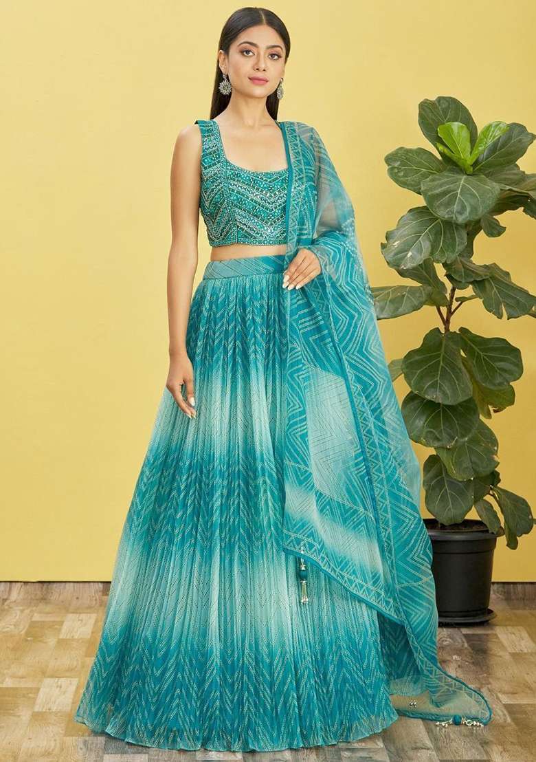 Blue Organza Lehenga Set with Mirror Work for Diwali | Wedding & Festive Wear - Indya