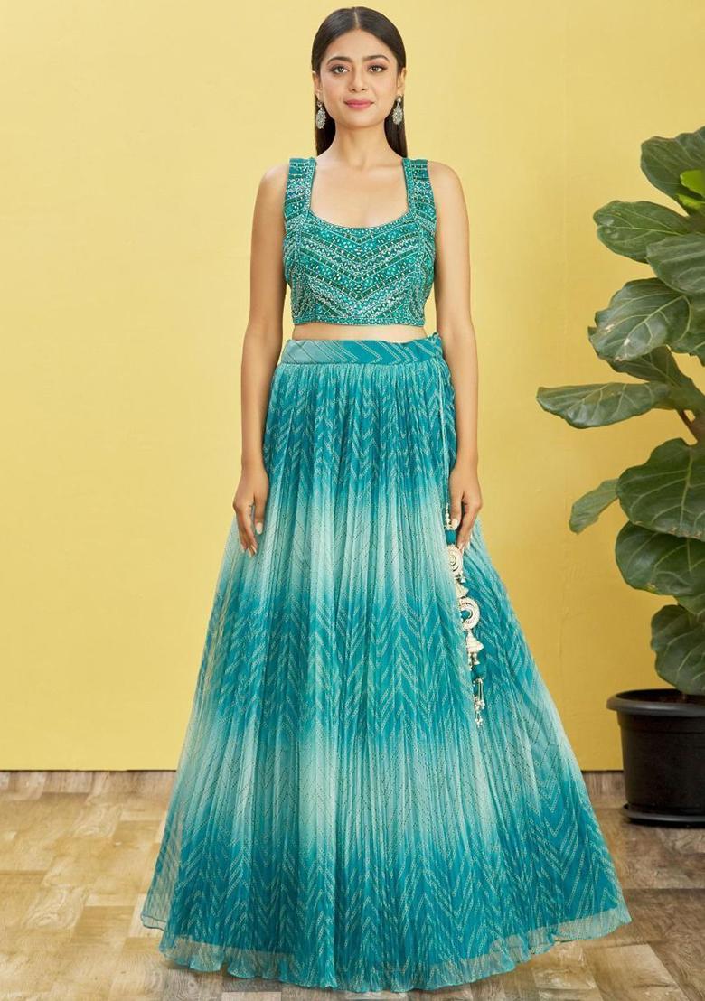 Blue Mirror Work Organza Lehenga Set