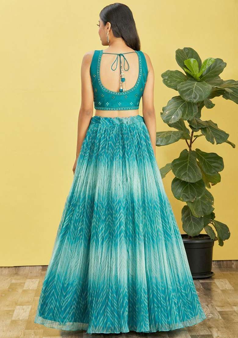 Blue Organza Lehenga Set with Mirror Work for Diwali | Wedding & Festive Wear - Indya