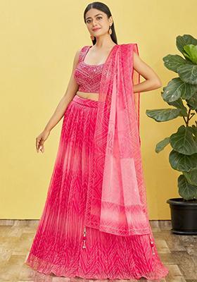 Pink Mirror Work Organza Lehenga Set