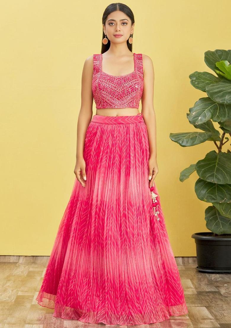 Pink Mirror Work Organza Lehenga Set