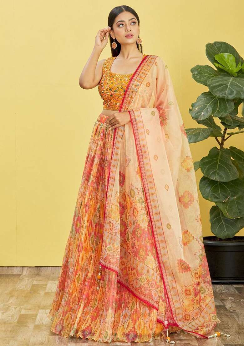Yellow Organza Lehenga Set with Mirror Work for Diwali | Wedding & Festive Wear - Indya