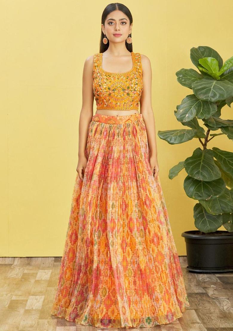 Yellow Mirror Work Organza Lehenga Set