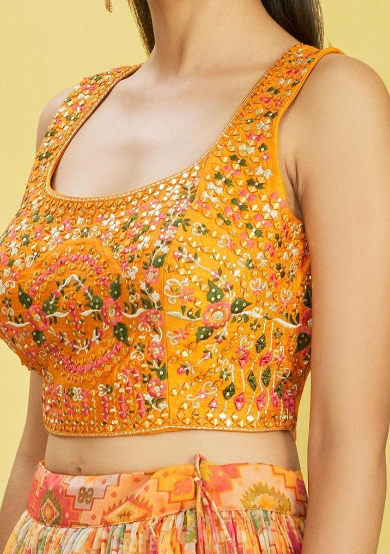 Yellow Mirror Work Organza Lehenga Set