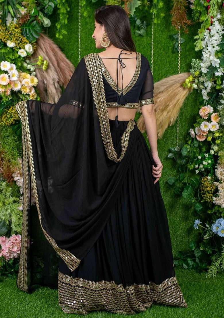 Black Georgette Lehenga Set with Embroidered for Diwali | Wedding & Festive Wear - Indya