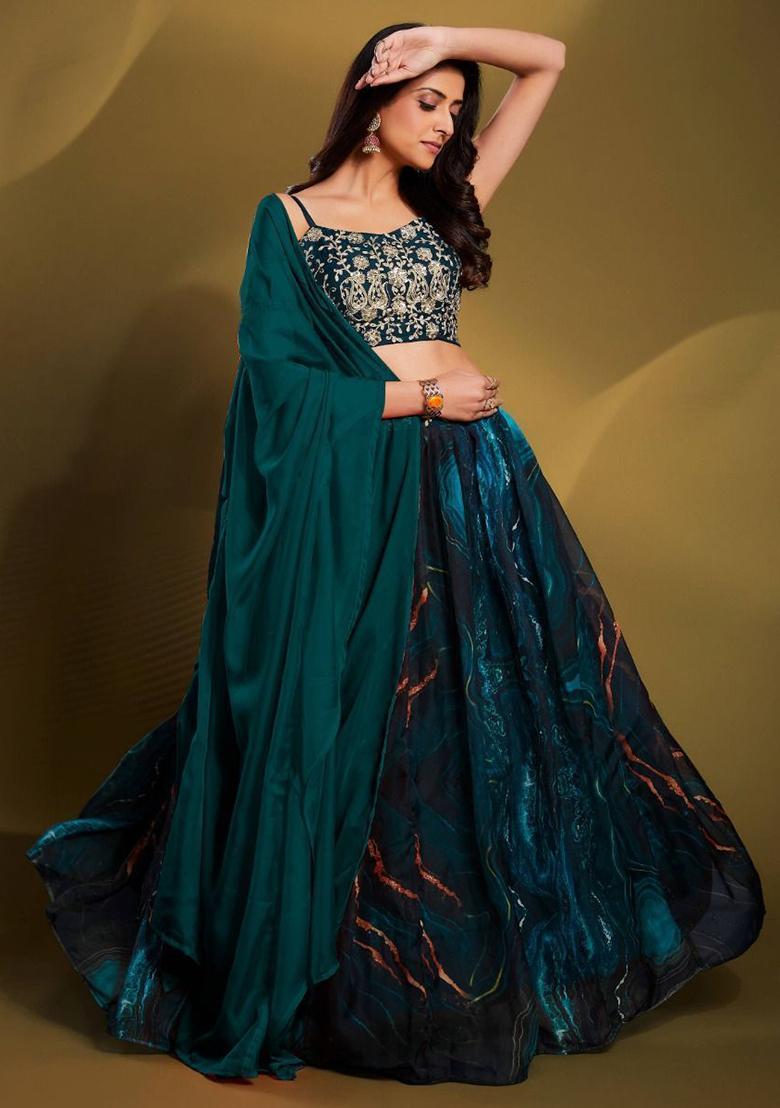 Blue Sequin Embroidered Organza Lehenga Set