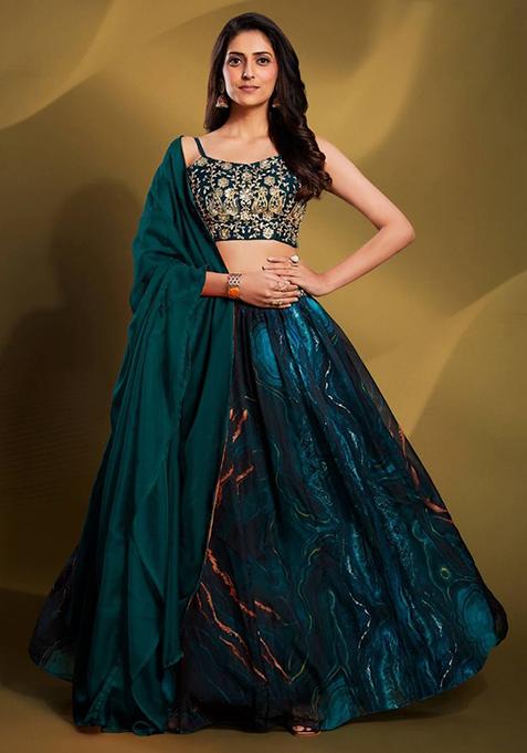 Blue Sequin Embroidered Organza Lehenga Set — view on Indya