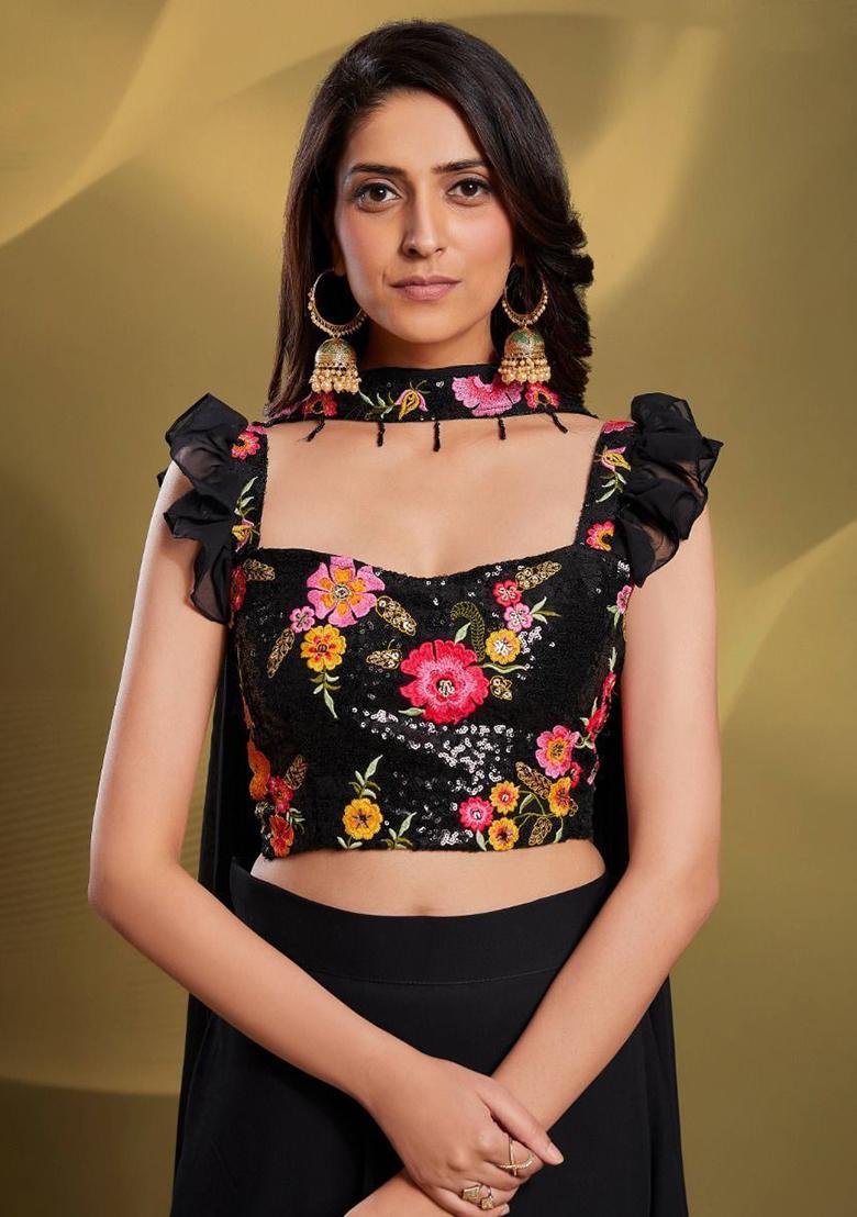 Black Sequin Embroidered Georgette Lehenga Set