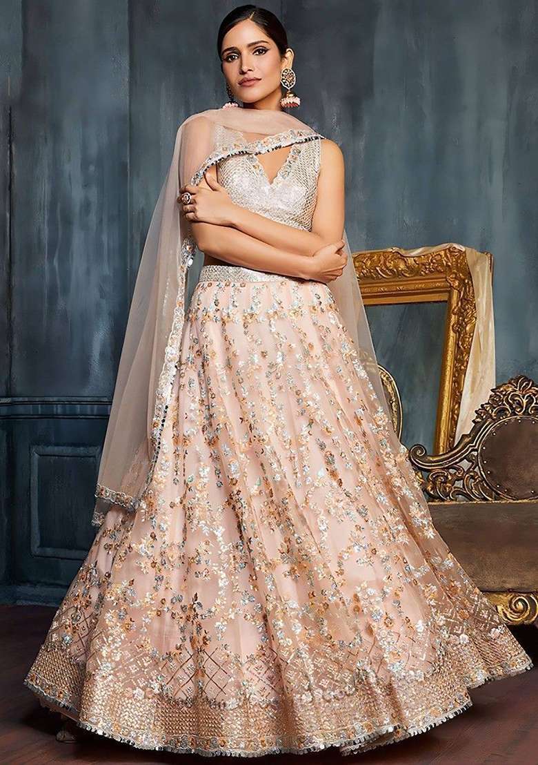 Peach Sequin Embroidered Net Lehenga Set for Diwali and Festive Wear - Indya