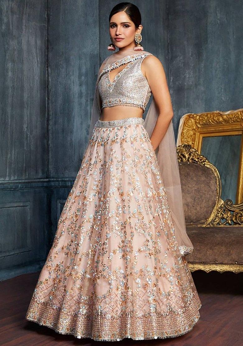 Peach Sequin Embroidered Net Lehenga Set