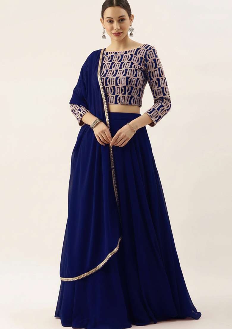 Navy Blue Georgette Lehenga Set with Embroidered & Sequin for Diwali | Wedding & Festive Wear - Indya