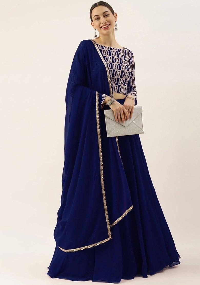 Navy Blue Sequin Embroidered Georgette Lehenga Set