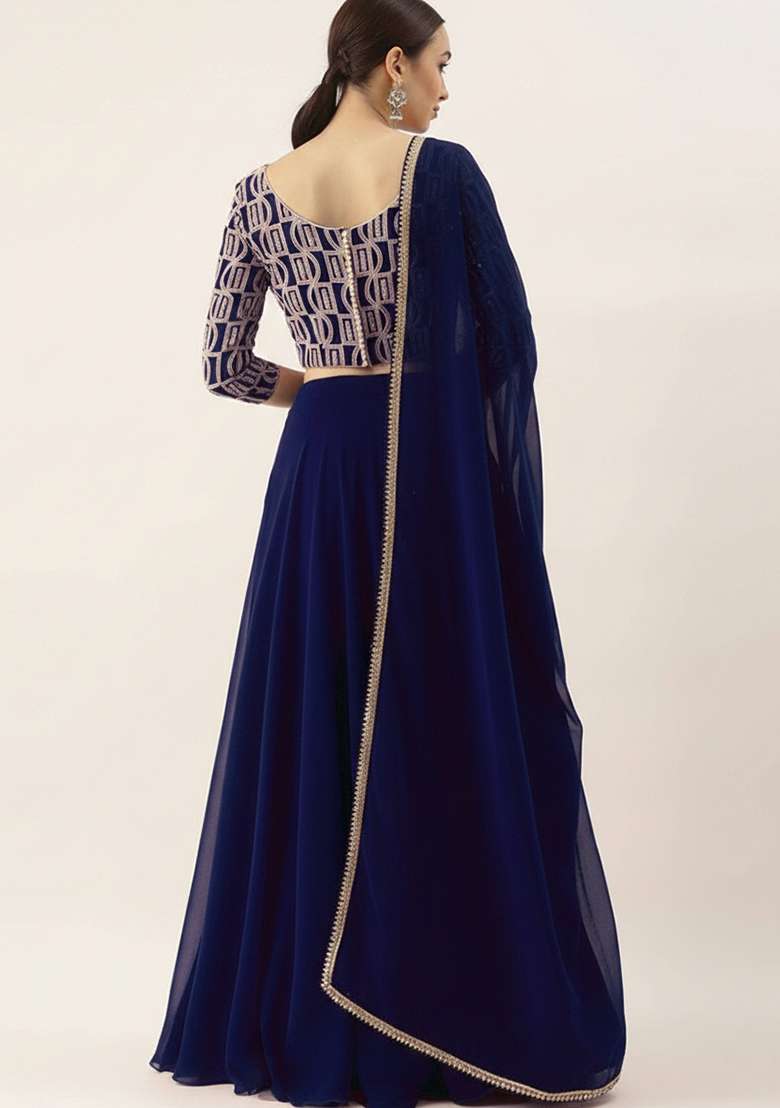 Navy Blue Georgette Lehenga Set with Embroidered & Sequin for Diwali | Wedding & Festive Wear - Indya