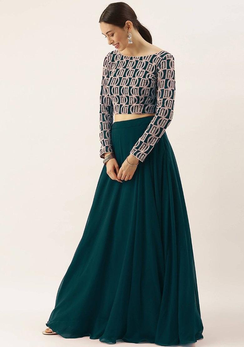 Green Embroidered Georgette Lehenga Set