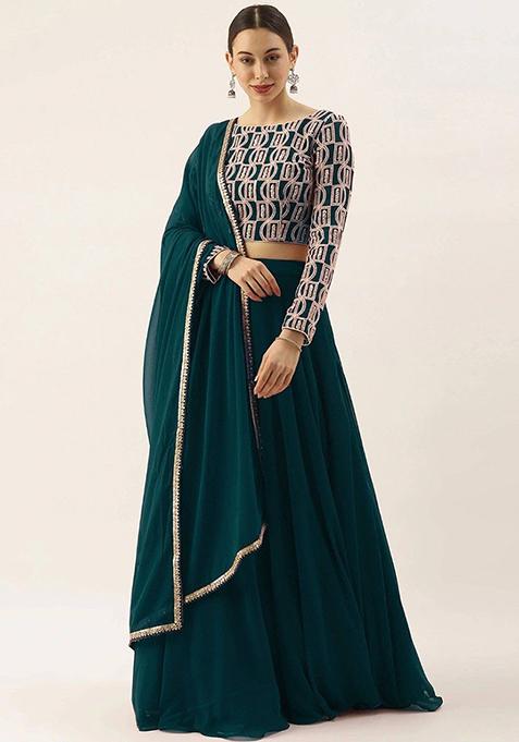 Green Embroidered Georgette Lehenga Set