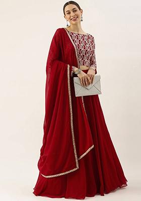 Red Sequin Embroidered Georgette Lehenga Set