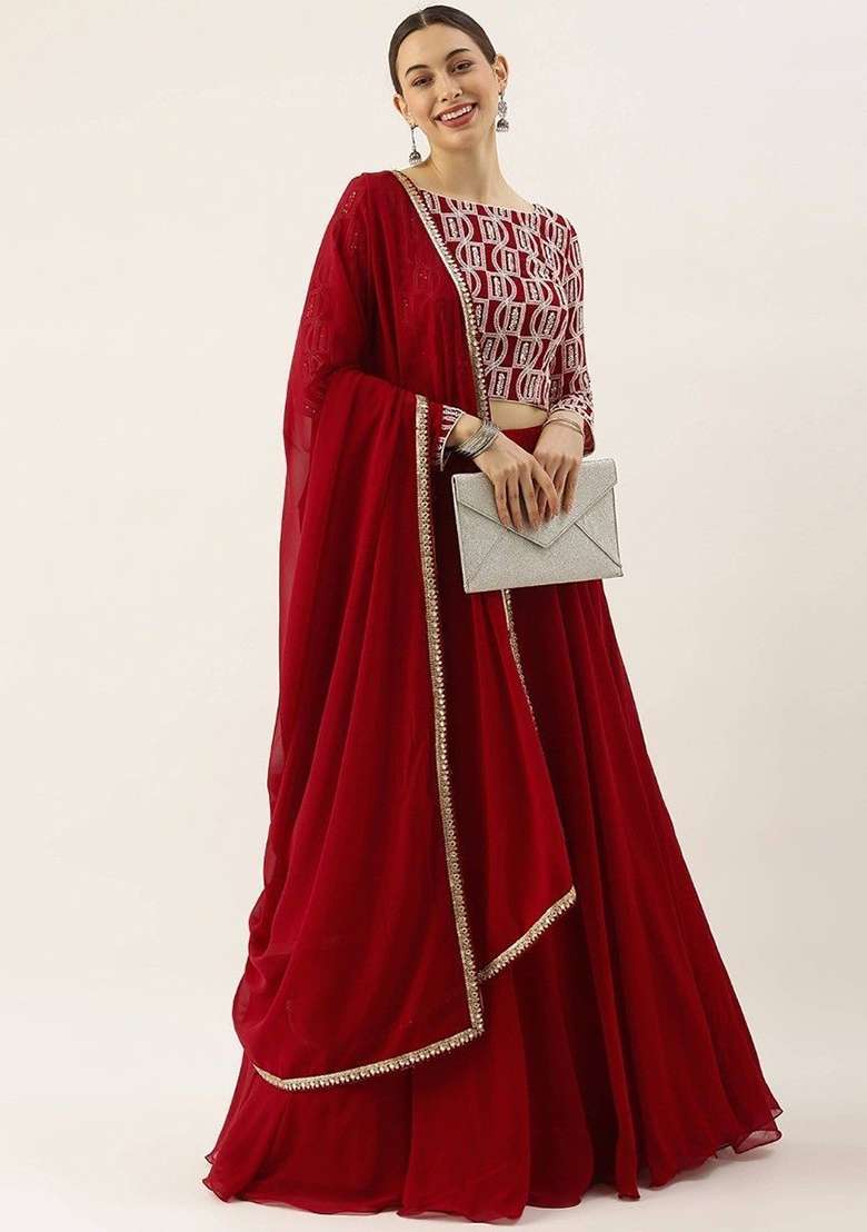 Red Sequin Embroidered Georgette Lehenga Set for Diwali and Festive Wear - Indya
