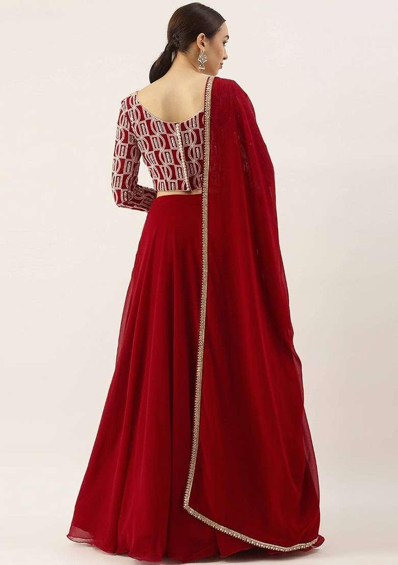 Red Sequin Embroidered Georgette Lehenga Set for Diwali and Festive Wear - Indya