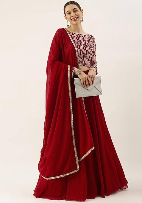 Red Sequin Embroidered Georgette Lehenga Set