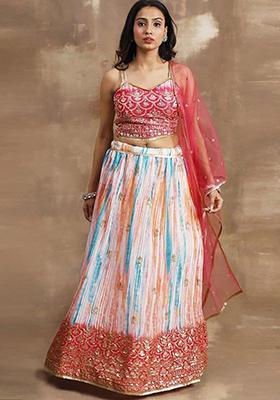 Pink Zari Work Chinon Lehenga Set