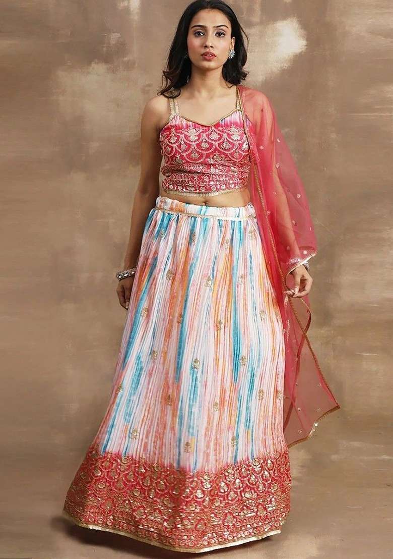Pink Zari Work Chinon Lehenga Set for Diwali and Festive Wear - Indya