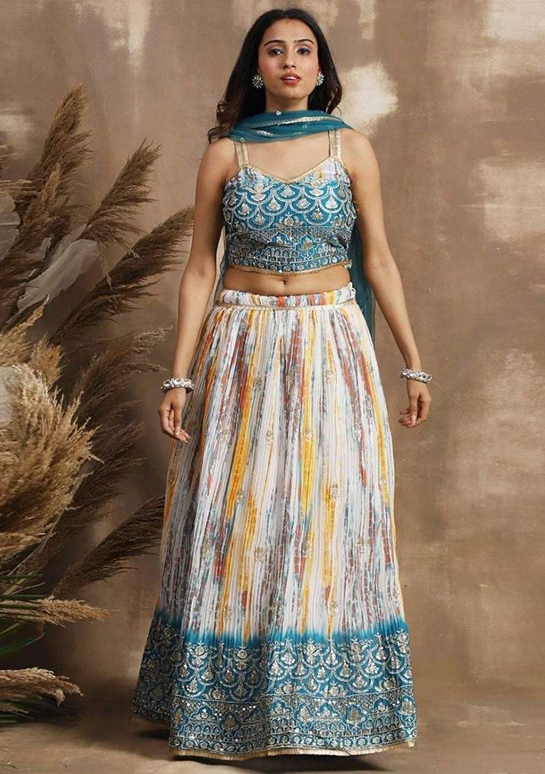 White Sequin Embroidered Chinon Lehenga Set - Indya