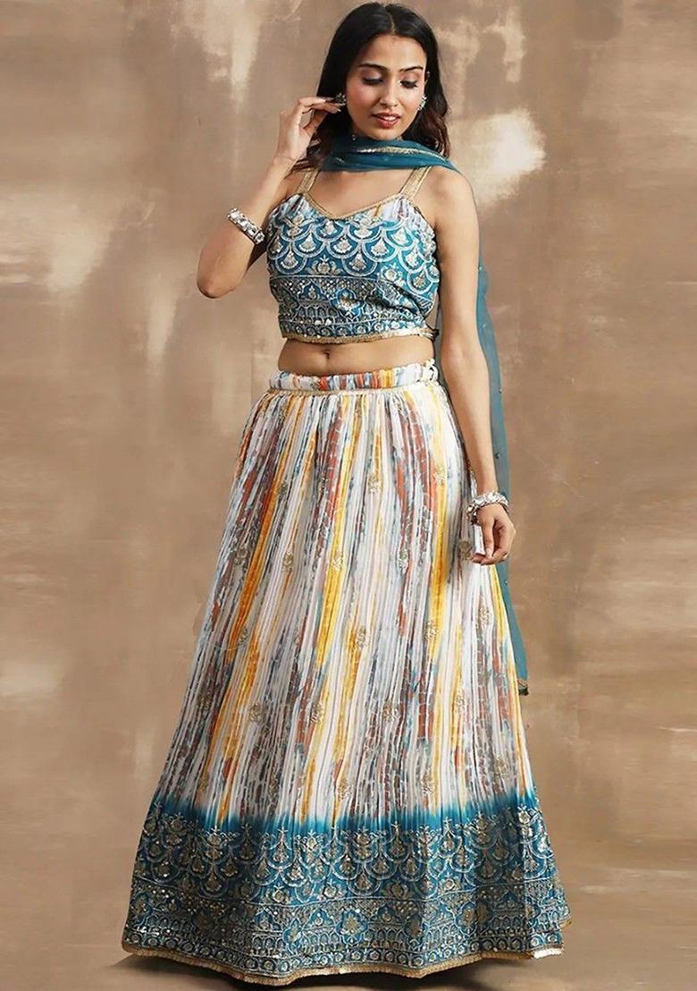 White Sequin Embroidered Chinon Lehenga Set