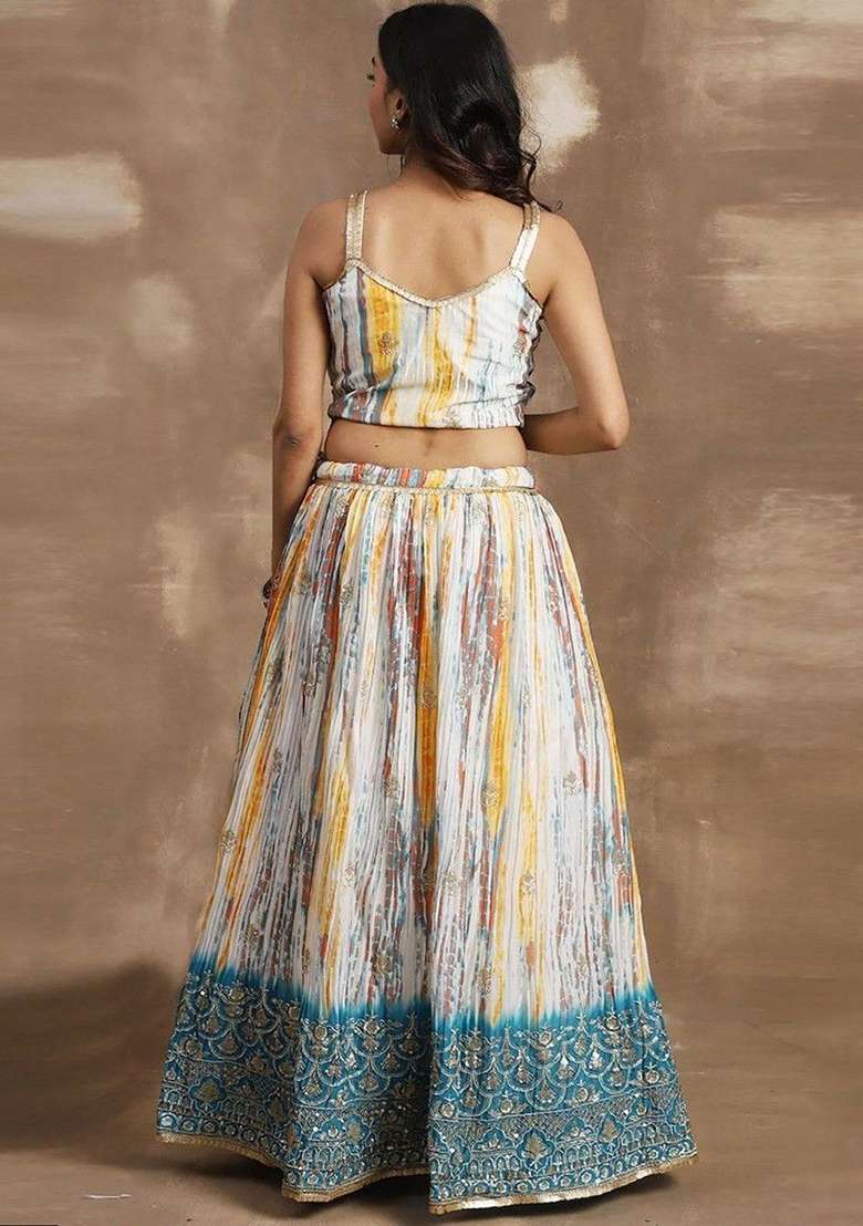 White Sequin Embroidered Chinon Lehenga Set - Indya