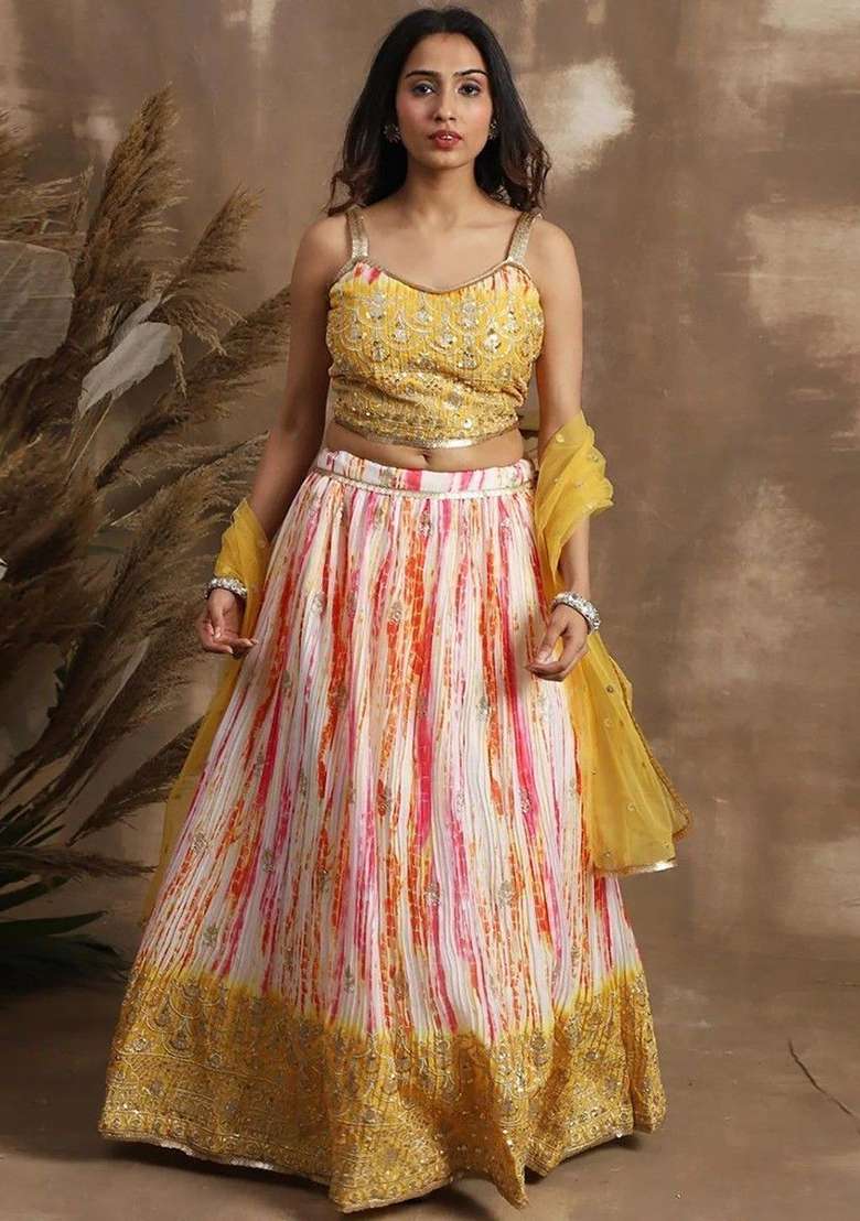 Yellow Sequin Embroidered Chinon Lehenga Set - Indya