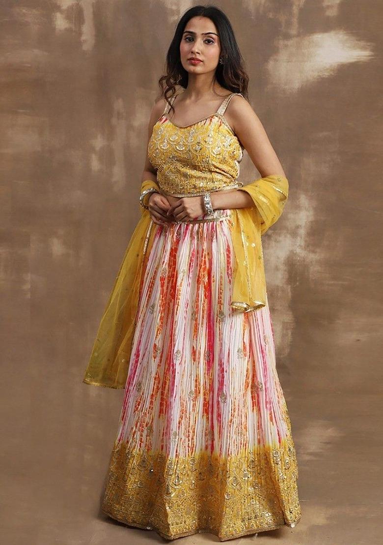 Yellow Sequin Embroidered Chinon Lehenga Set