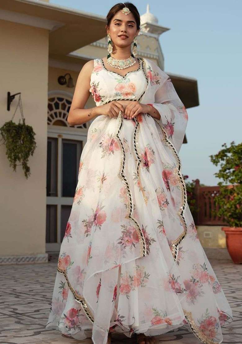 White Organza Lehenga Set with Floral Print for Diwali | Wedding & Festive Wear - Indya