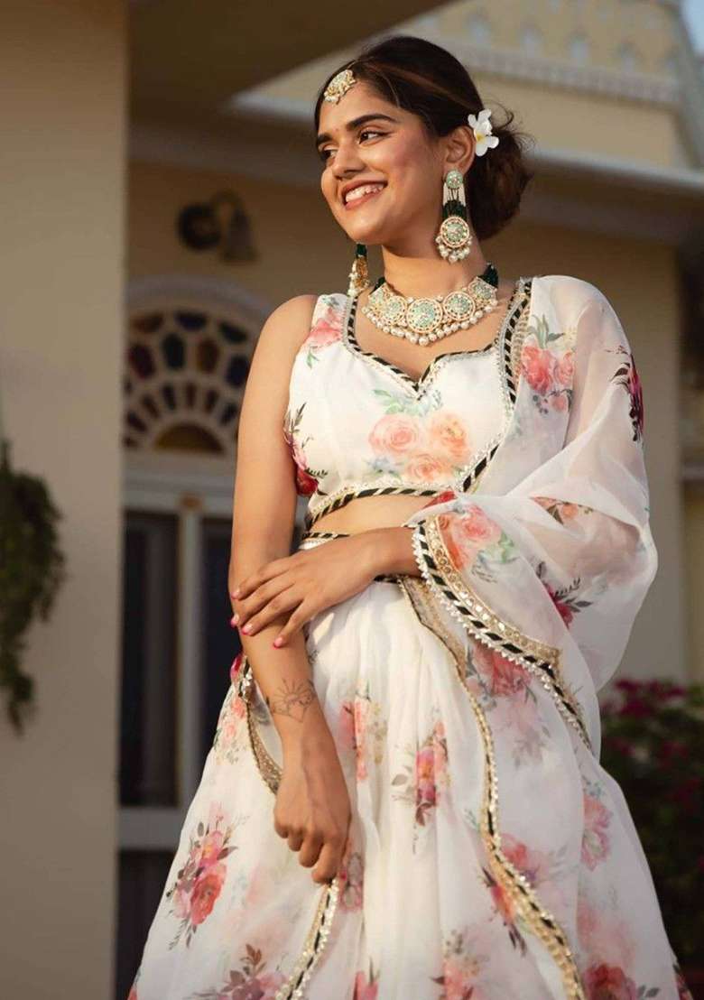 White Organza Lehenga Set with Floral Print for Diwali | Wedding & Festive Wear - Indya