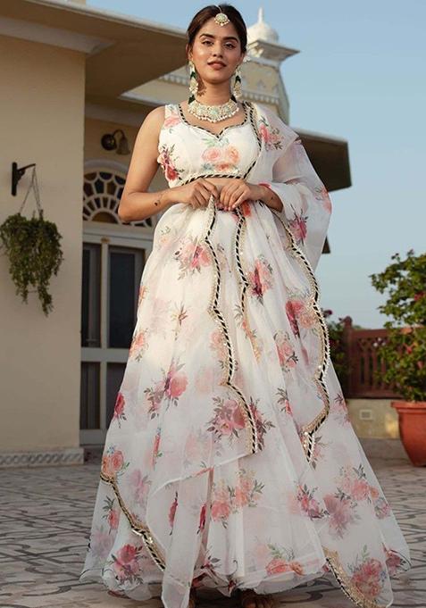 White Floral Print Organza Lehenga Set