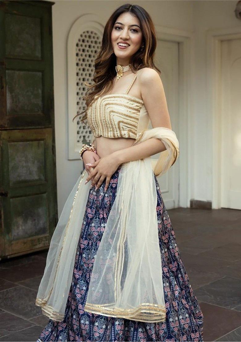 Navy Blue Digital Print Art Silk Lehenga Set