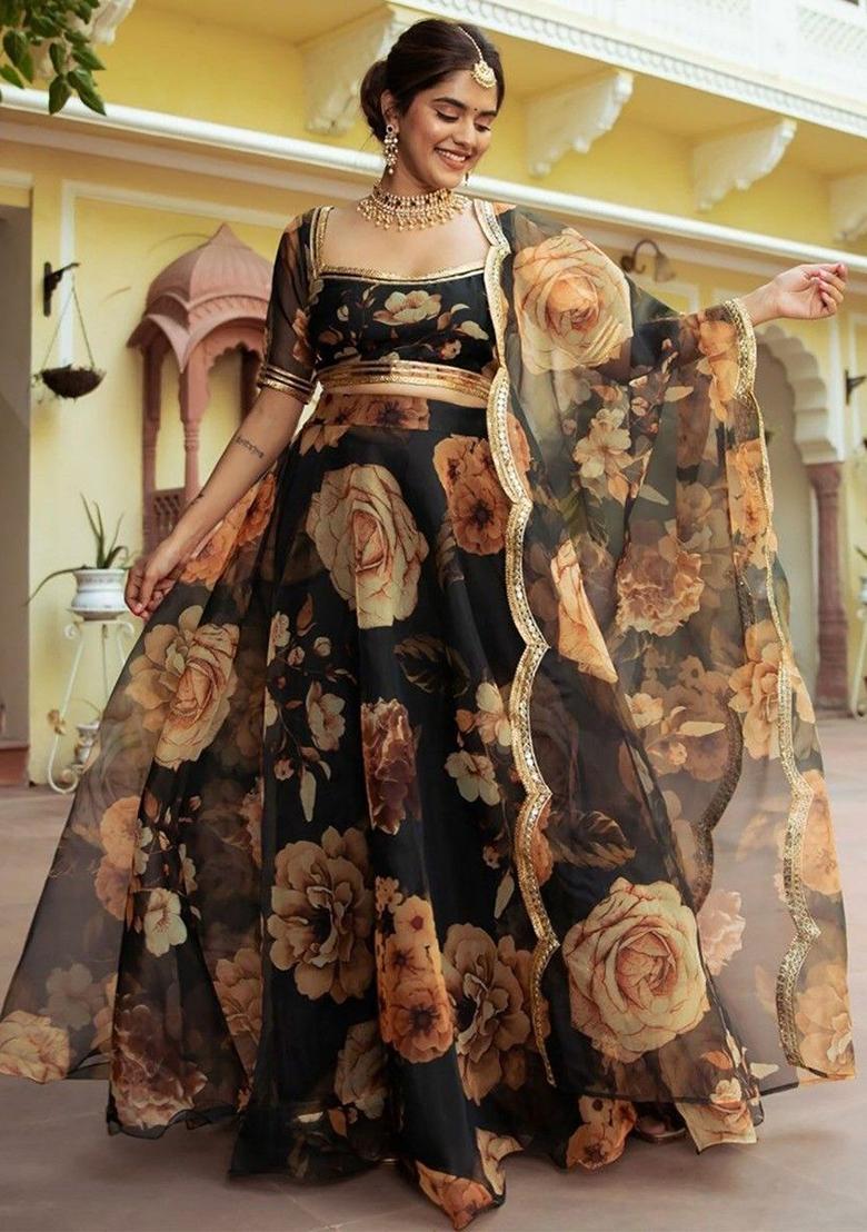 Black Floral Print Organza Lehenga Set