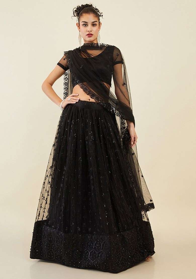 Black Sequin Embroidered Net Lehenga Set for Diwali and Festive Wear - Indya