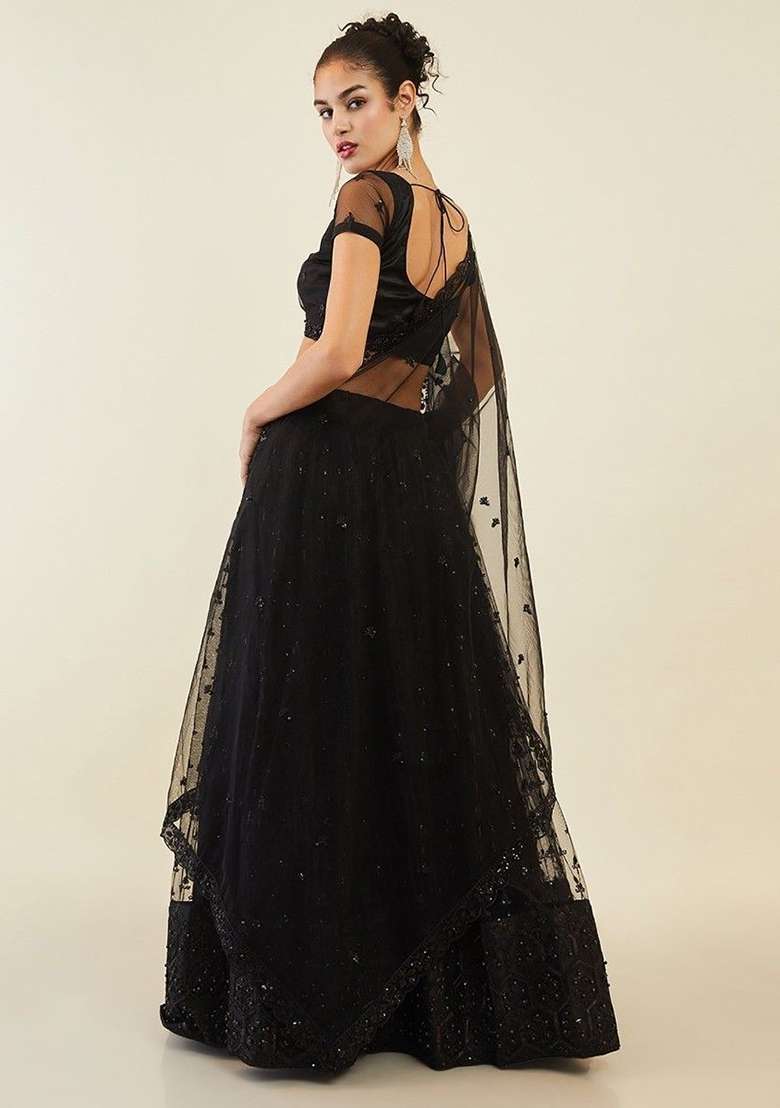 Black Sequin Embroidered Net Lehenga Set for Diwali and Festive Wear - Indya