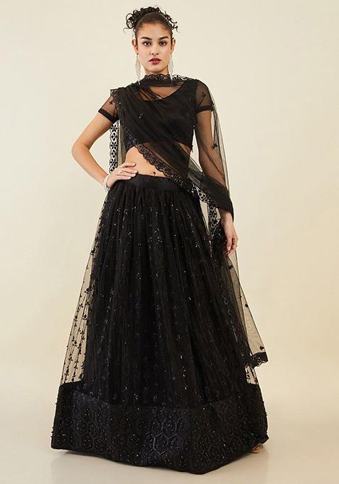 Black Sequin Embroidered Net Lehenga Set