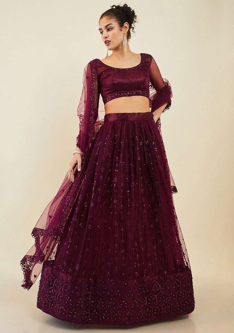 Purple Sequin Embroidered Net Lehenga Set for Diwali and Festive Wear - Indya