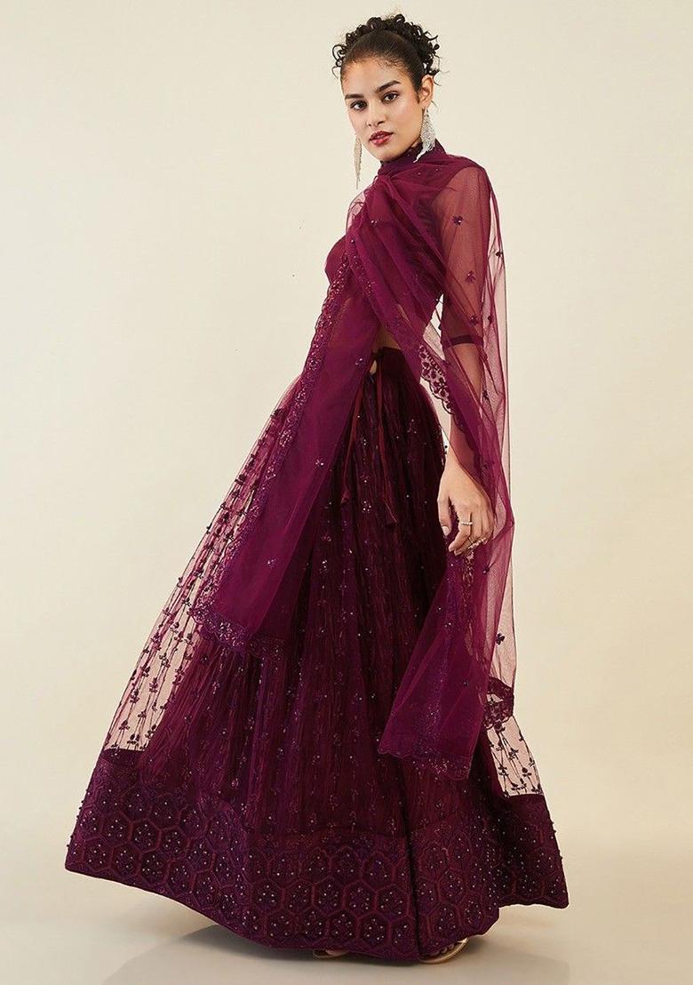 Purple Sequin Embroidered Net Lehenga Set