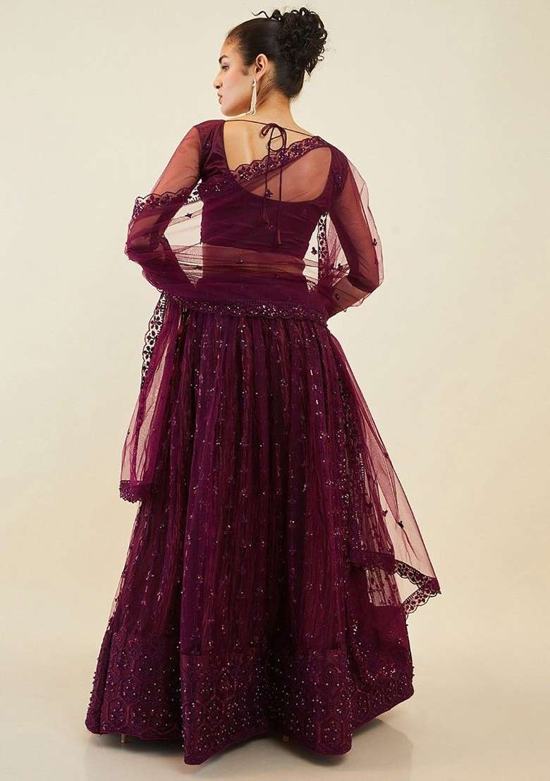 Purple Sequin Embroidered Net Lehenga Set for Diwali and Festive Wear - Indya