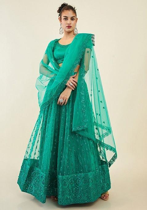 Green Sequin Embroidered Net Lehenga Set