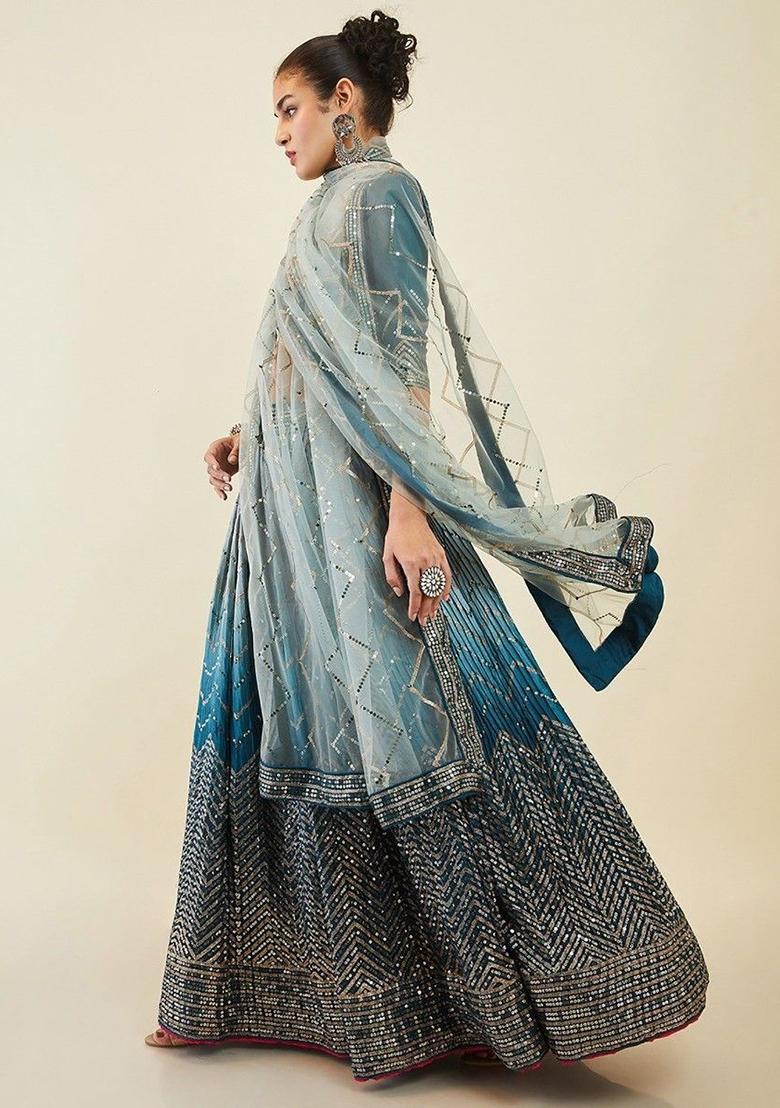 Blue Sequin Embroidered Art Silk Lehenga Set