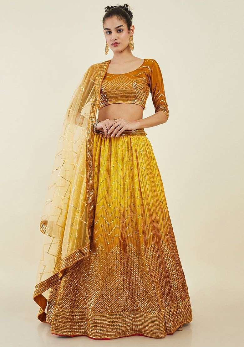 Yellow Sequin Embroidered Art Silk Blend Lehenga Set for Diwali and Festive Wear - Indya