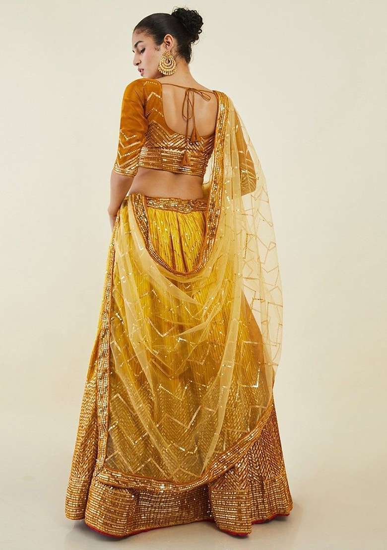 Yellow Sequin Embroidered Art Silk Blend Lehenga Set for Diwali and Festive Wear - Indya