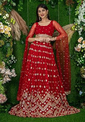 Red Sequin Embroidered Georgette Lehenga Set