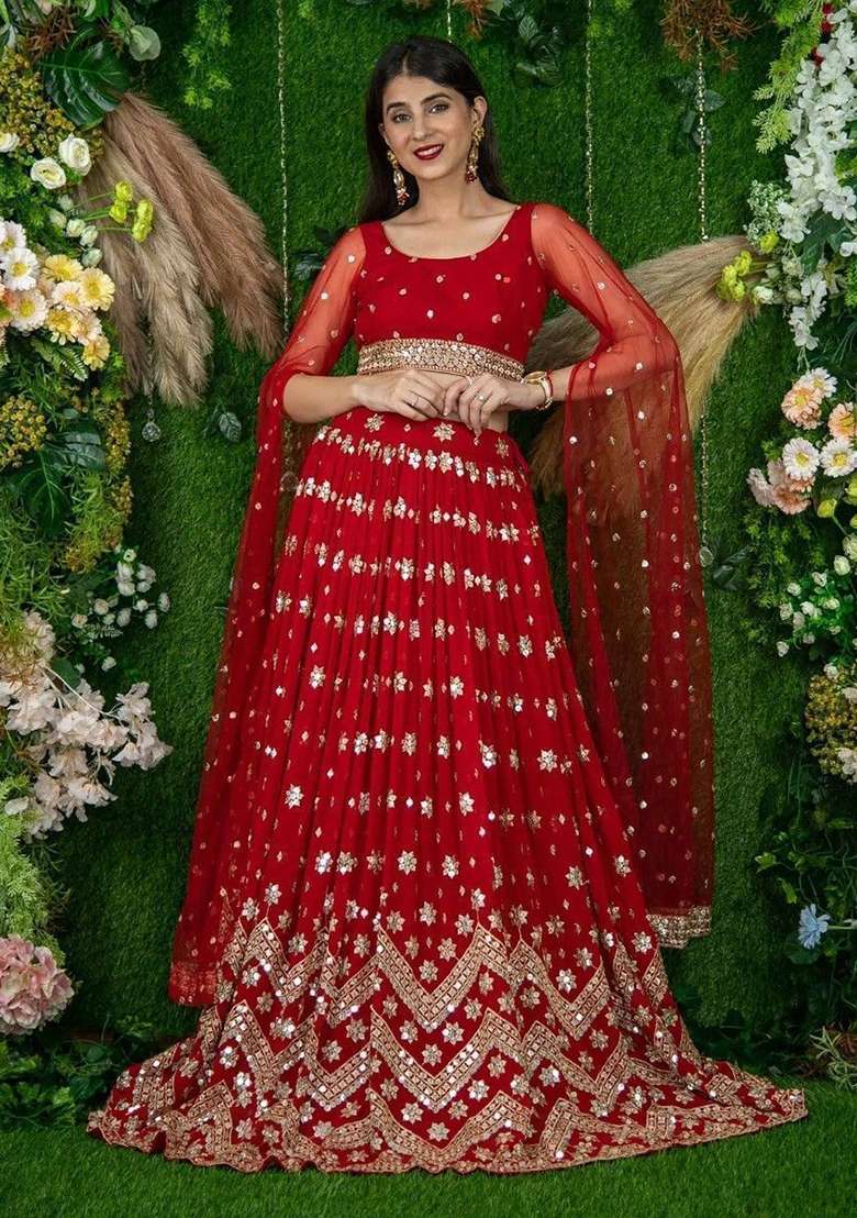 Red Sequin Embroidered Georgette Lehenga Set for Diwali and Festive Wear - Indya