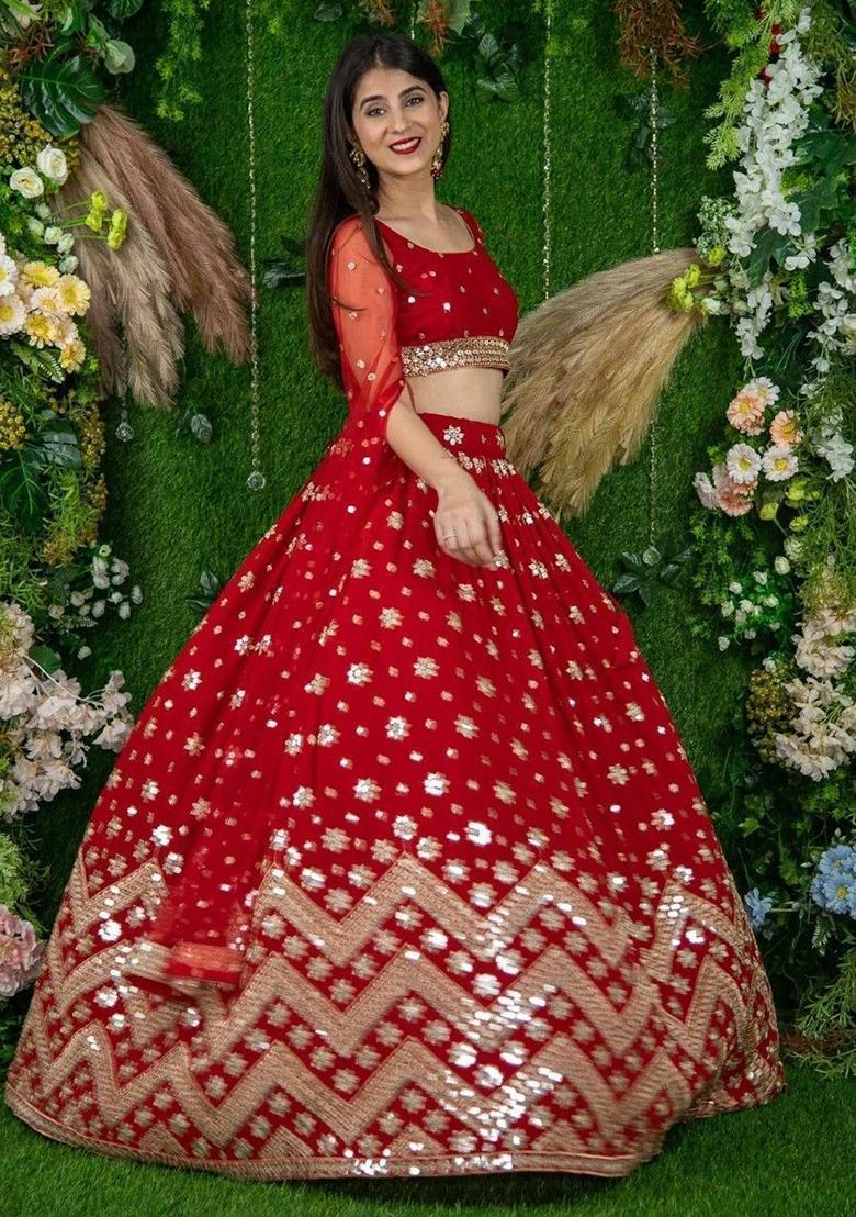 Red Sequin Embroidered Georgette Lehenga Set