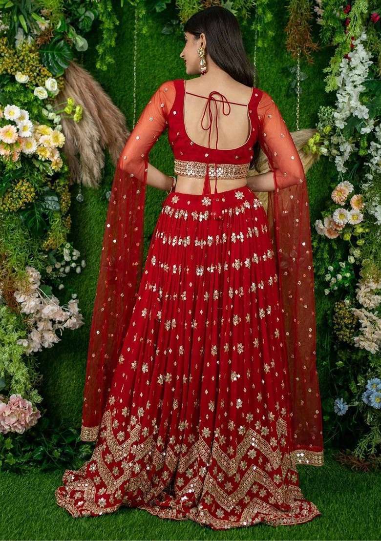 Red Sequin Embroidered Georgette Lehenga Set for Diwali and Festive Wear - Indya