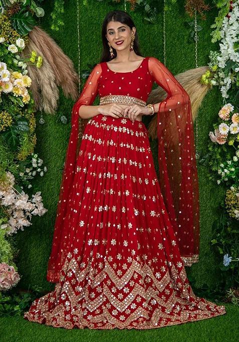 Red Sequin Embroidered Georgette Lehenga Set